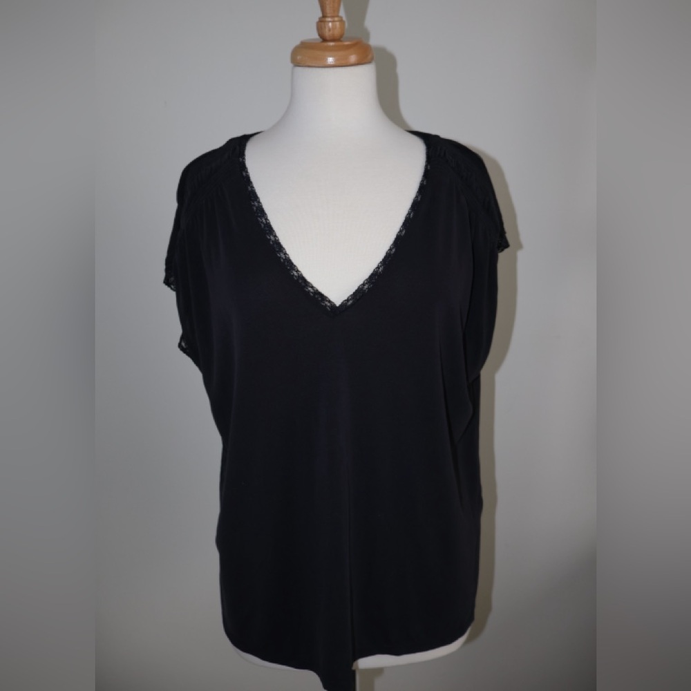 Black Lucky Brand Loose Tshirt with Lace Trim and Shoulders Large
